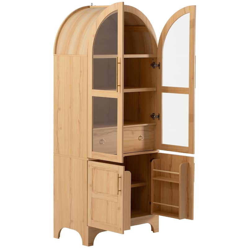 Farmhouse Pantry Cabinet with Arch, 71" Tall Multifunctional Storage with Glass Door, Hidden Drawer for Kitchen