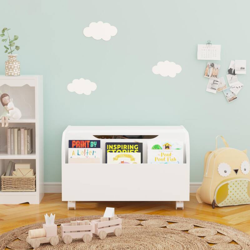 Wooden Toy Box, Kids Toy Storage Organizer with Front Bookshelf, Flip-Top Lid, Safety Hinge, Boys Girls Toy Chest Bench