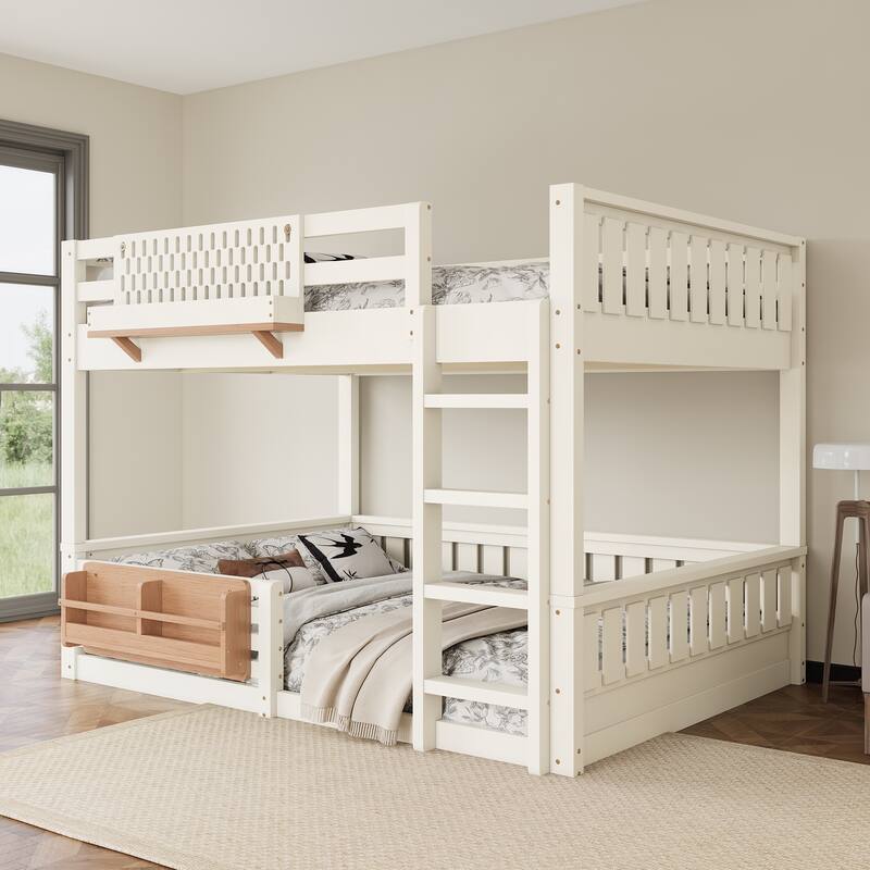 Queen over Queen Bunk Bed with Ladder & Guardrails, Built-in Pegboard and Bookshelf, Sturdy Full Over Full Bunk Bed Frame