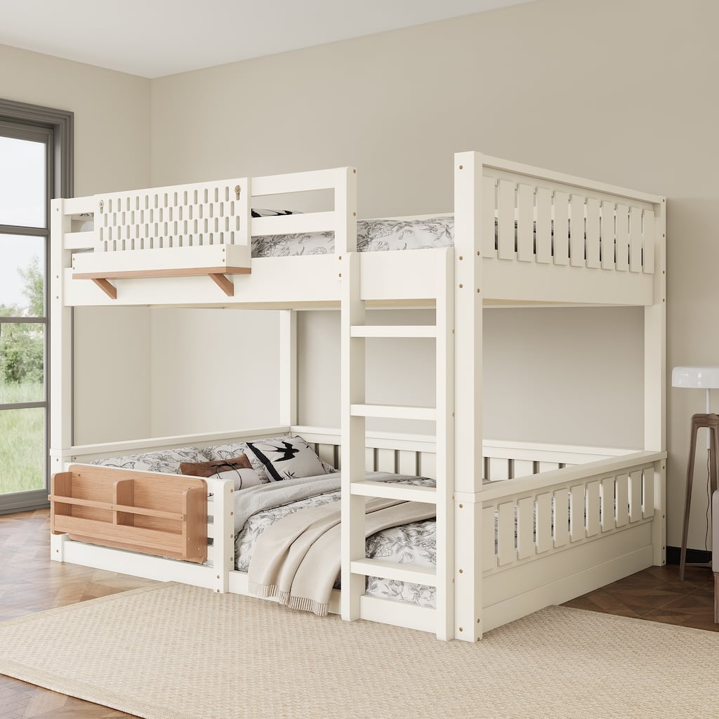 Roomfitters Queen over Queen Bunk Bed with Bookshelf and Pegboard, Solid Wood Split Frame