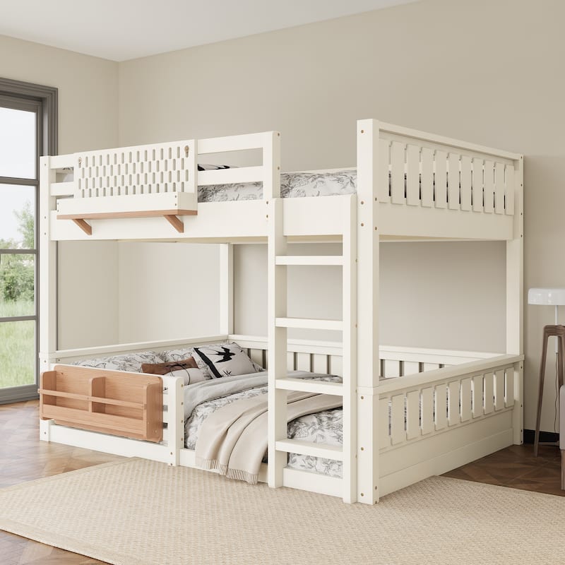 Roomfitters Queen over Queen Bunk Bed with Bookshelf and Pegboard, Solid Wood Split Frame