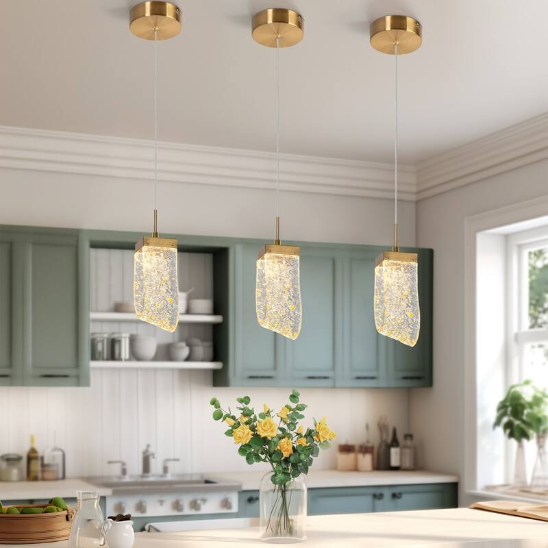 Modern 1-Light Gold Leaf Resin LED Pendant Light with Brass Canopy