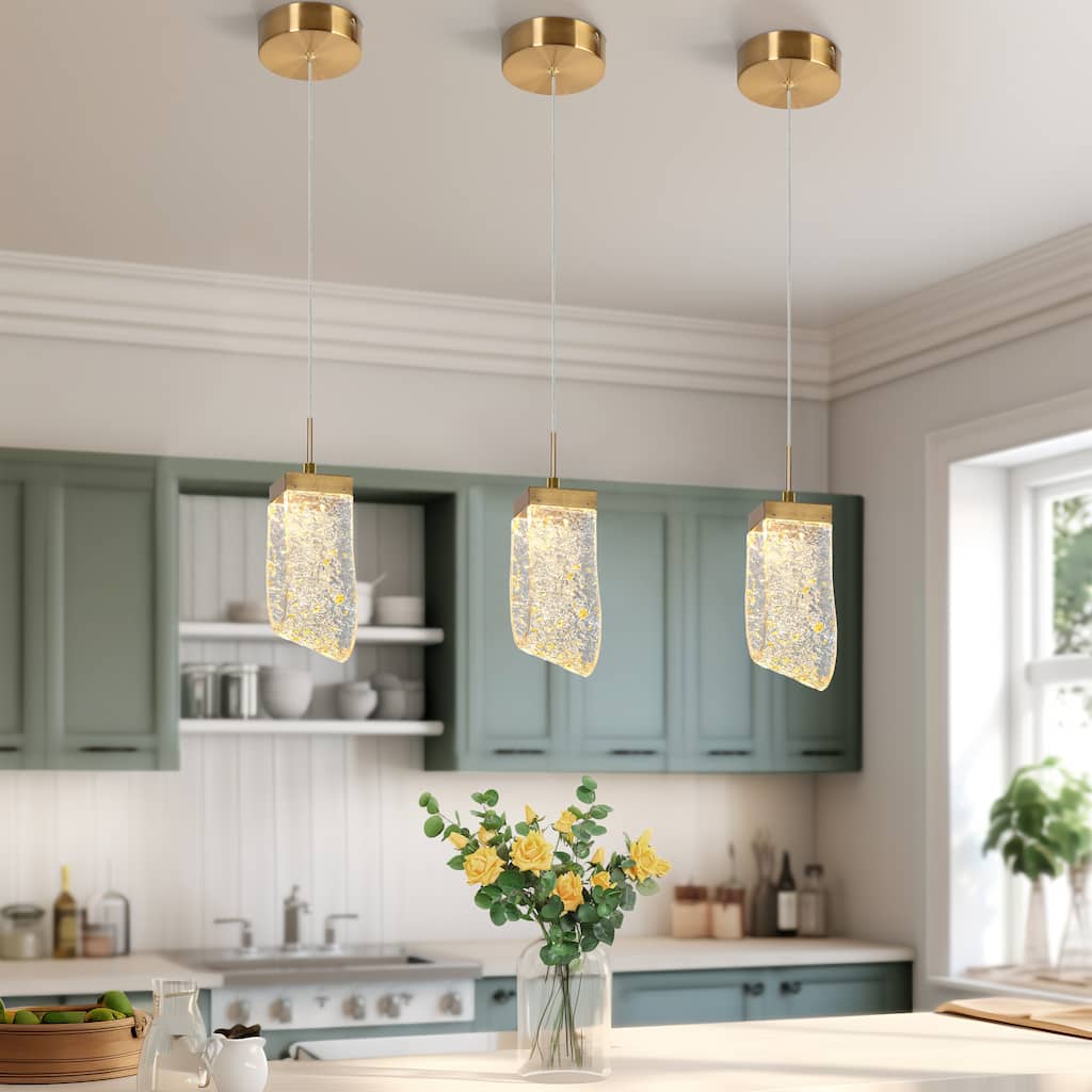 Modern 1-Light Gold Leaf Resin LED Pendant Light with Brass Canopy