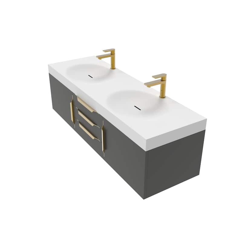 Thames 60" Shallow Basin Wall Mounted Bathroom Vanity Set w/ White Top