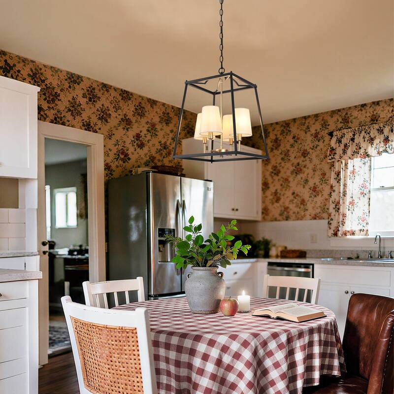 Modern Farmhouse 4-Light Black Gold Geometric Chandelier Metal Pendant Lights with Fabric Shades - 14 "