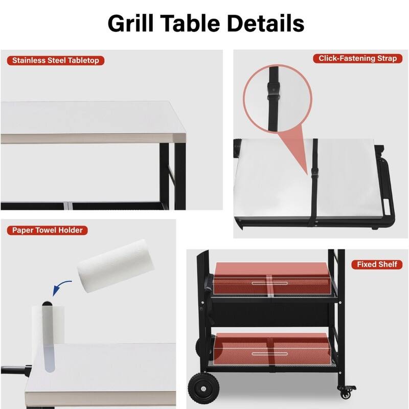 4-Wheel Foldable BBQ Cart Grill Station With Stainless Steel Top And Foldable Shelf - N/A