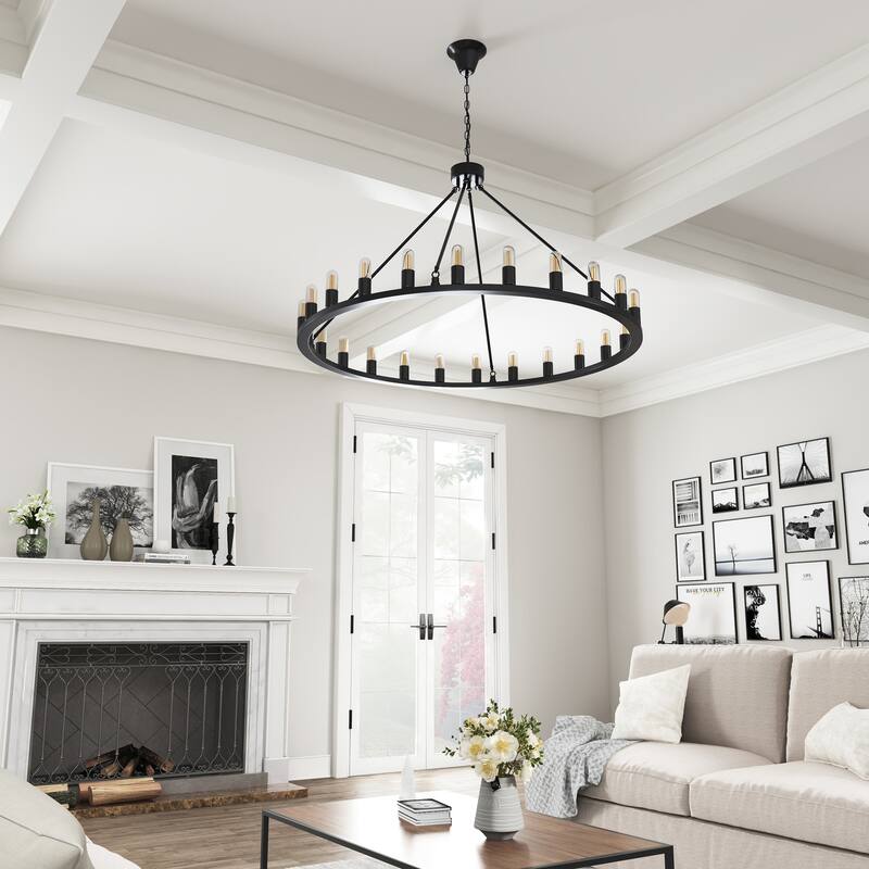 48" Black 24-Light Wagon Wheel Farmhouse Candle Round Wrought Iron Chandelier - Black