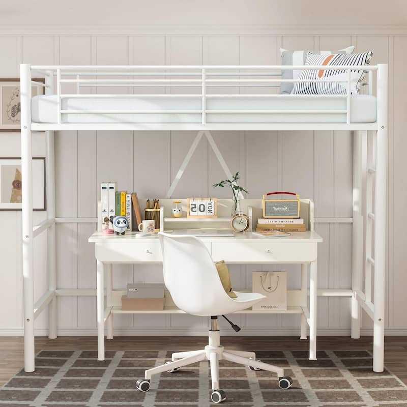 Twin Kids Loft Metal Bed with Reversible Stairs 400lb Capacity Space Saving Under Bed Study Play Area