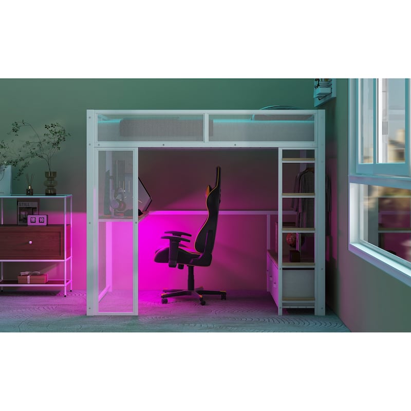 Full Size Metal Gaming Loft Bed with 16-Color LED, Study Desk & 3 Storage Drawers (400lb Capacity)