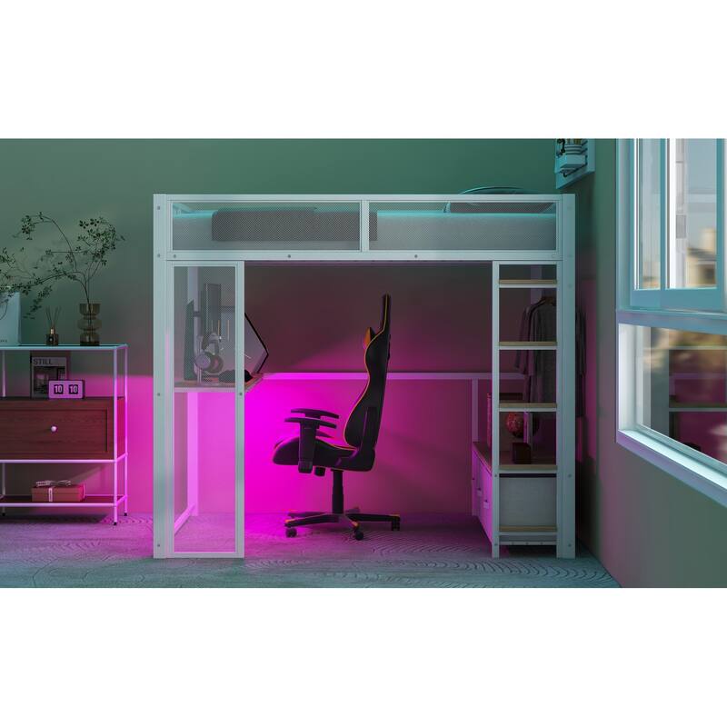Full Size Metal Loft Bed with LED, Desk, Wardrobe, and Storage Drawers, White