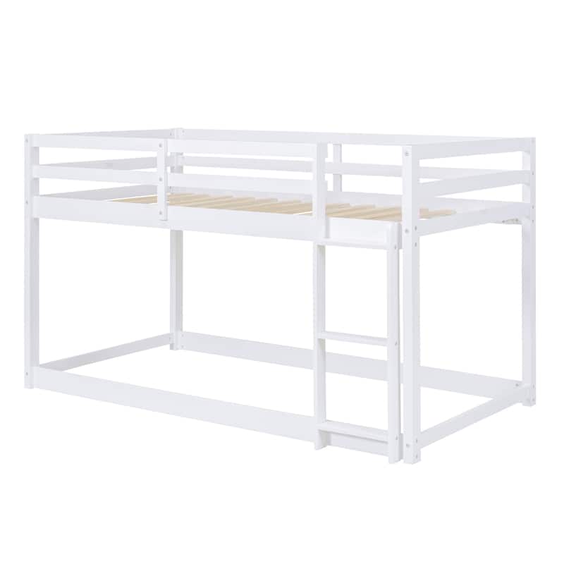 Twin over Twin Floor Bunk Bed with Ladder, White