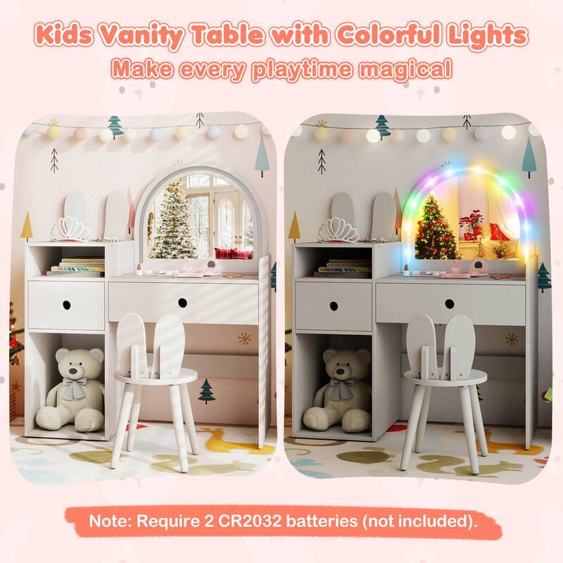 Costway Princess Bunny Makeup Table with Lighted Mirror, Open Shelves - See Details