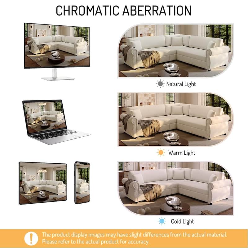 Homy Casa L-Shaped Sectional Sofa w/ Pull-Out Bed, Chenille Sleeper Couch w/ Nailhead Trim & Rolled Arm, Oversize