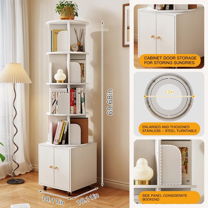 360 Degree Display 5 Tier Corner Bookshelf with Drawer, Floor Standing Bookcase Storage Rack, Wood Narrow Book Shelf Organizer