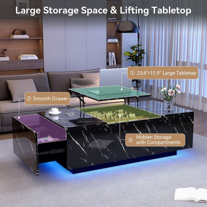 47.2" LED Lift Top Coffee Table with Wireless Charging & Bluetooth Speaker, Smart Storage Drawer, RGB Lights