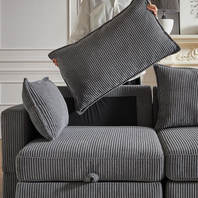 113.5" Corduroy U-Shaped Sectional Sofa with Storage Ottoman, 6-Seat Modular Design and Convertible Chaise