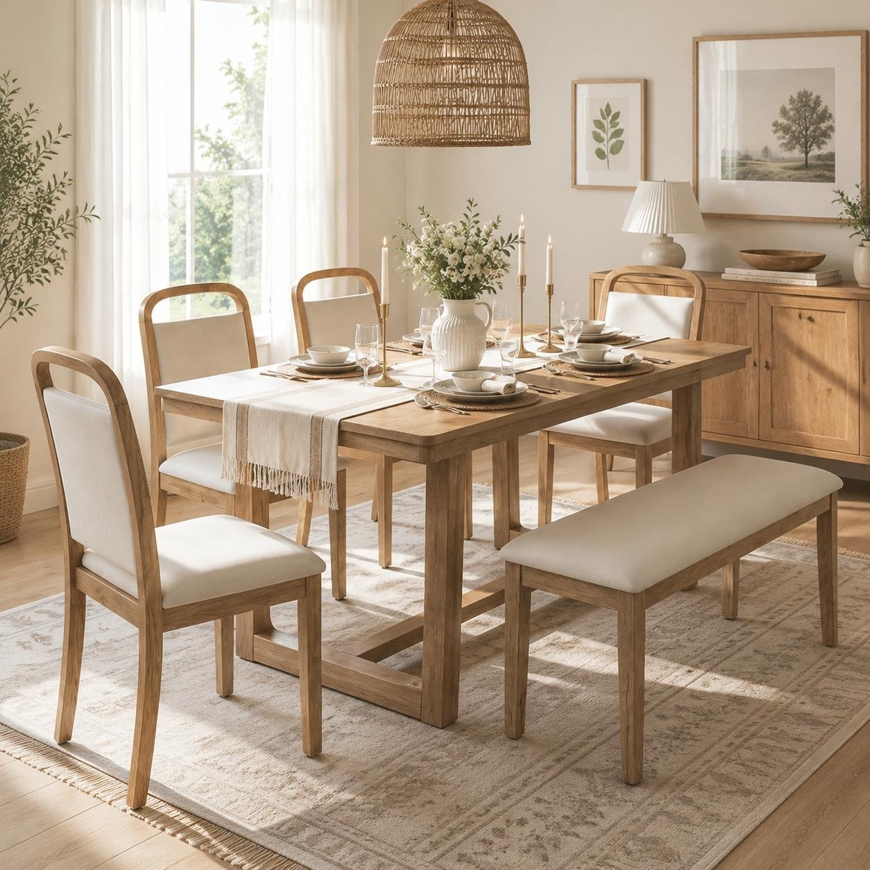 6-Piece Solid Rubber Wood Dining Set with 4 Upholstered Ergonomic Chairs & Matching Bench by Harper&Bright Designs