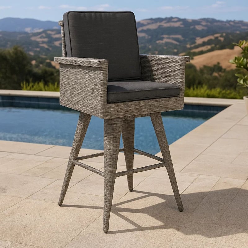 Outdoor Barstool Chair, Gray Black Wicker Rattan, Polyester Cushions