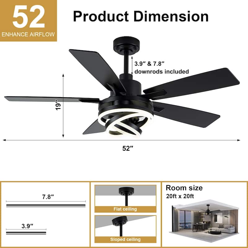 Cusp Barn 52"/72" Modern Large Dimmable LED Ceiling Fan with Lights and Remote, Reversible 8-Blade DC Motor DIY Shape Chandelier