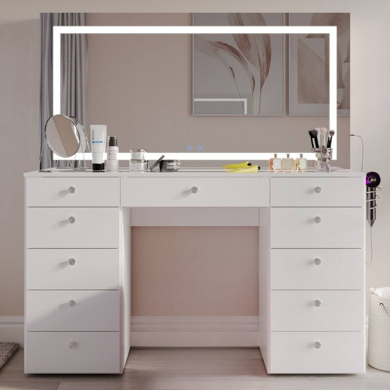 Extra-Large Vanity Desk with LED Mirror, Bluetooth Speakers, 11 Drawers and USB Ports