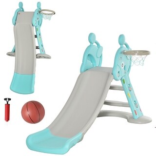 2 in 1 Kids Slide with Basketball Hoop, Foldable Toddler Freestanding Slider Playset, Deer Shaped, Includes Basketball, Pump