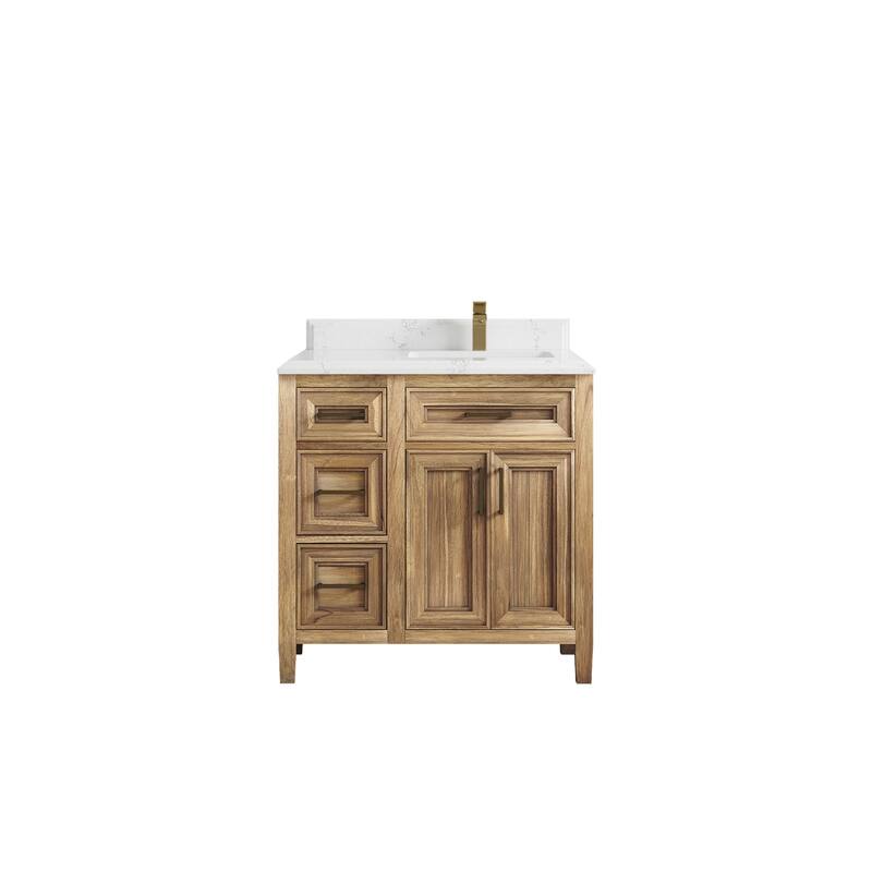 Willow Collections 36 in. W x 22 in. D Santa Monica Teak Right Offset Sink Bathroom Vanity with Countertop - 1.5" Empira White - Whitewashed Teak