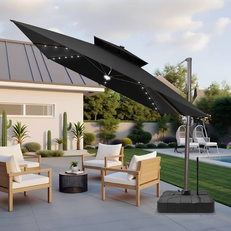 VredHom 11 FT Square Outdoor Patio Cantilever Umbrella Solar LED Lighted with Rod Base