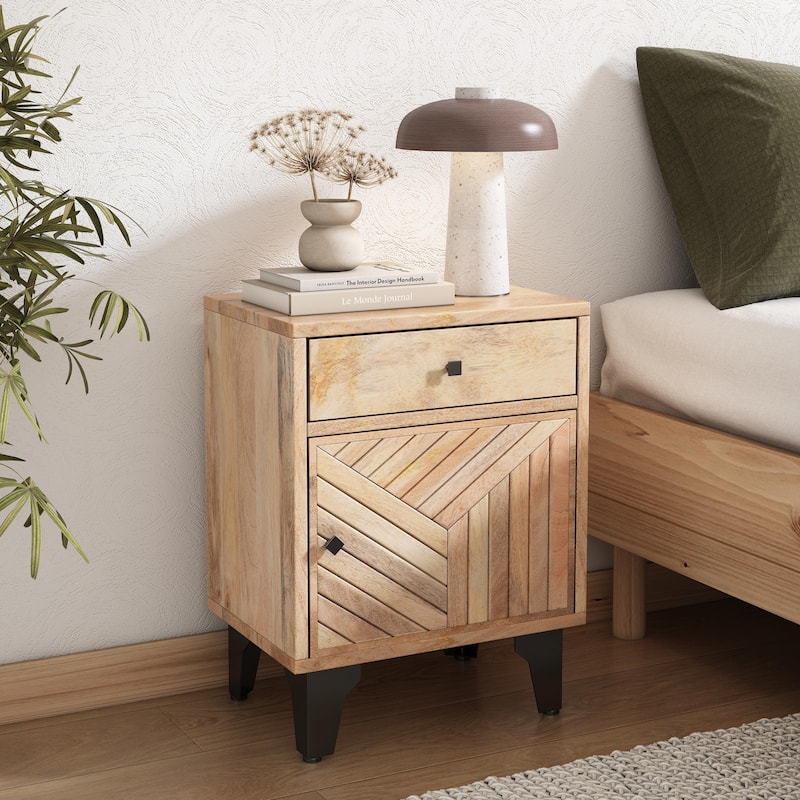 Solid Mango Wood Nightstand - Handcrafted with Drawer - Natural