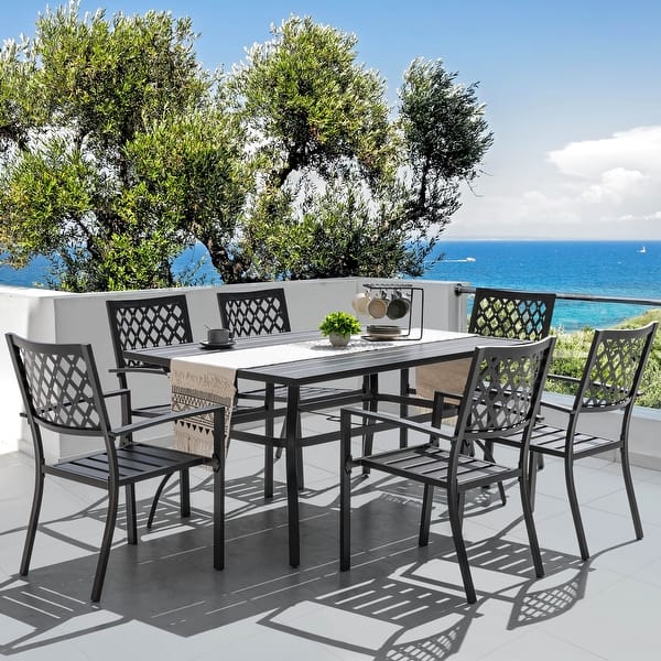 slide 2 of 28, Outdoor Dining Set, Iron Finish, Black with Gold Speckles 7 PCS