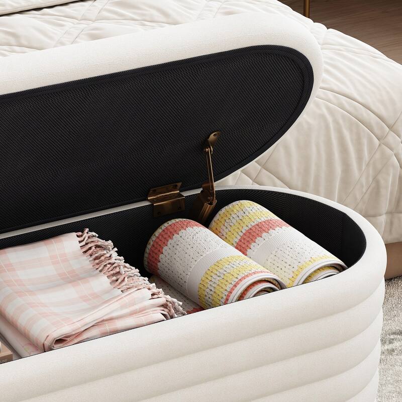 Storage Chenille Ottoman Bench Upholstered Fabric Storage Bench End of Bed Stool with Safety Hinge for Bedroom, Living Room