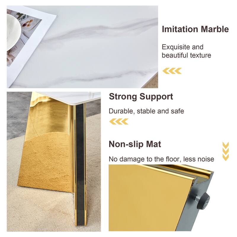 Roomfitters Snow Mountain Slab Dining Table with Scratch Resistant Top and Gold Stainless Legs, Gold, White