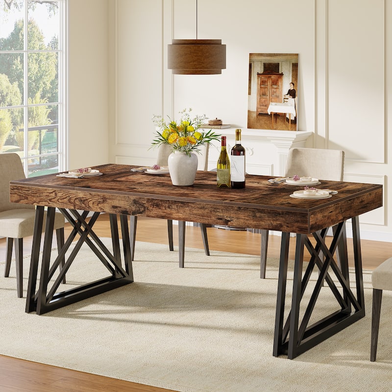 63-Inch Dining Table for 4-6, Farmhouse Kitchen Table with Sturdy Metal Legs