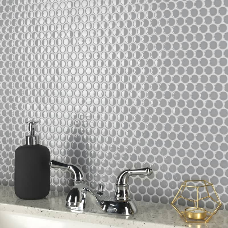 Merola Tile Metro Penny Round Light Grey Glossy 10" x 12" Porcelain Mosaic Floor and Wall Tile