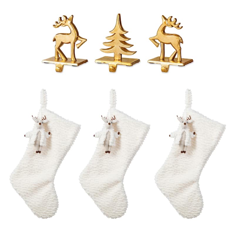 Glitzhome 21"L White Plush Christmas Stocking with Complimentary Reindeer Ornament - 6PK Reindeer Stocking & Stocking holders