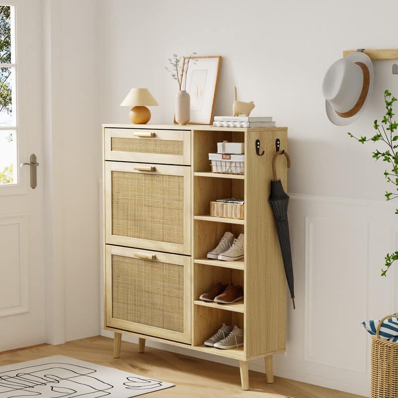 Rattan Hidden Shoe Cabinet with 2 Flip Drawers&1 Small Drawer& 5 Shelves