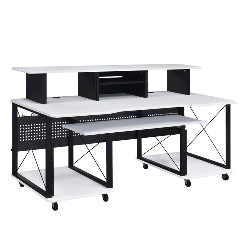 72 Inch Music Desk Workstation, Crossed Metal Panels, Keyboard Tray, White
