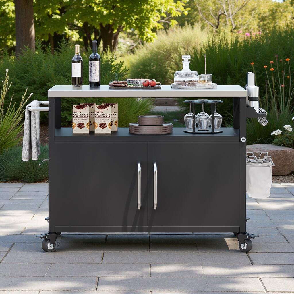 54.5" Outdoor Kitchen Island with Stainless Steel Tabletop, Metal Grill Cart with Storage Cabinet, Spice Rack & Lockable Wheels