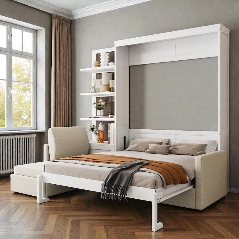 Queen Size Murphy Wall Bed with Sofa and Shelves, Space-Saving Fold Down Bed with Storage, Piston Lift Mechanism