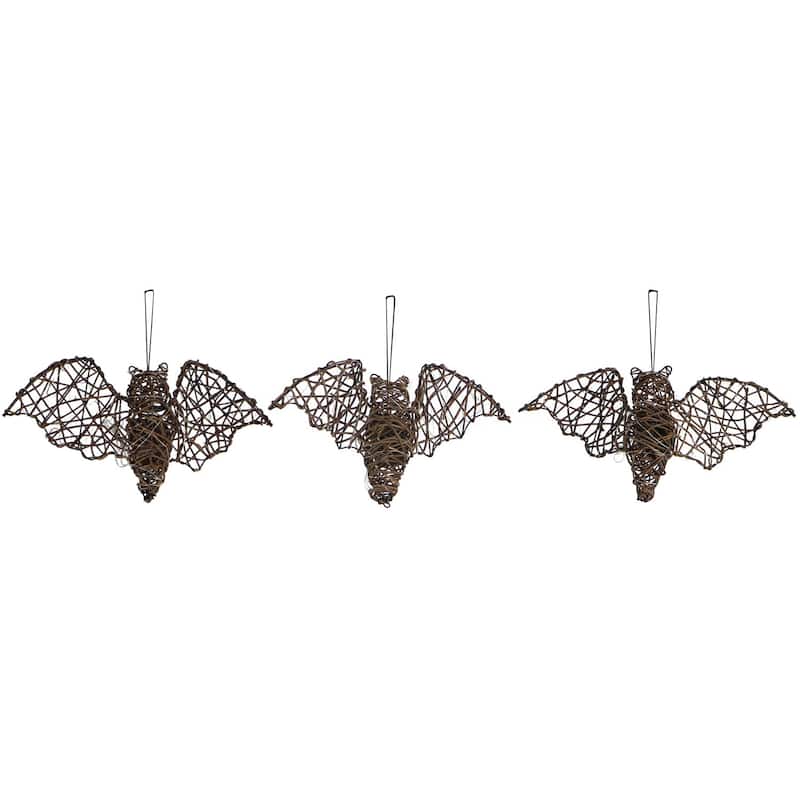 Haunted Hill Farm Set of 3 Battery-Operated Rattan Bats with Hanging Loops, Purple Lights, and Timer