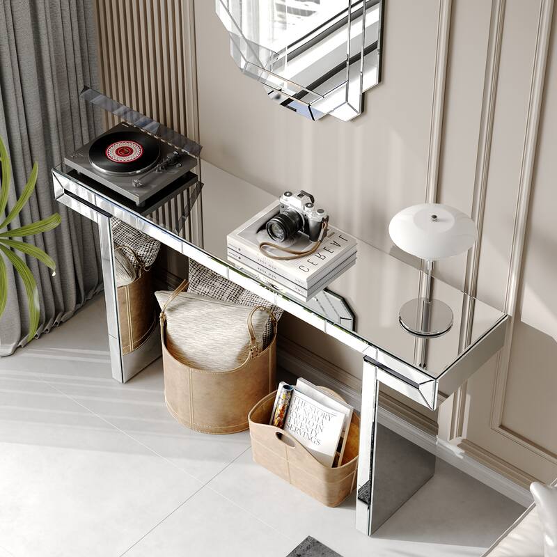 GDF Studio - Aranda Art Deco Mirrored Wood Console Table with Fluted Glass Design