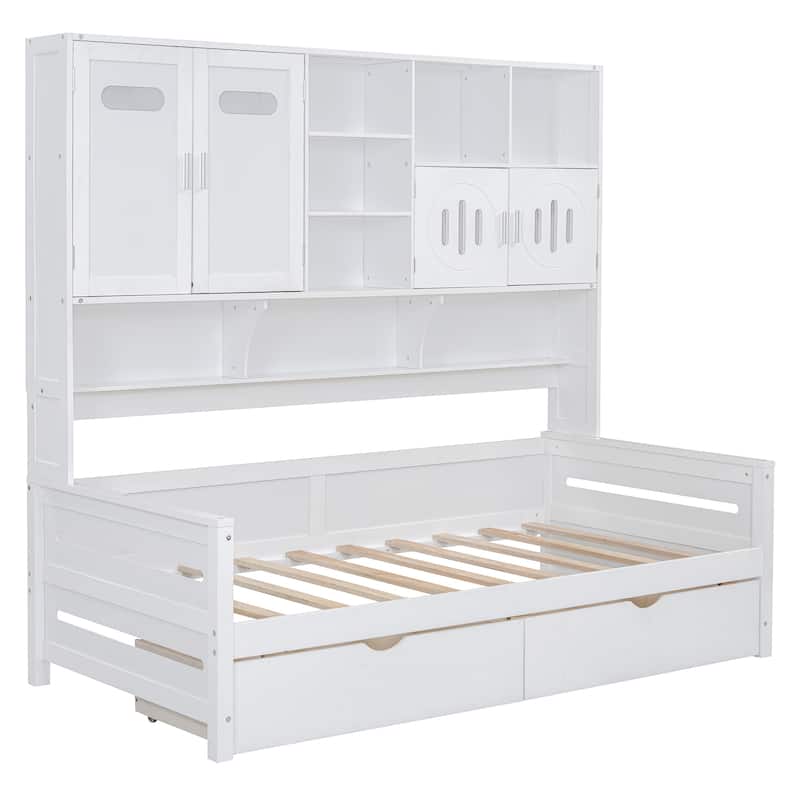 Twin Size Wooden Daybed with 2 Drawers, All-in-One Cabinet and Shelf for Bedroom