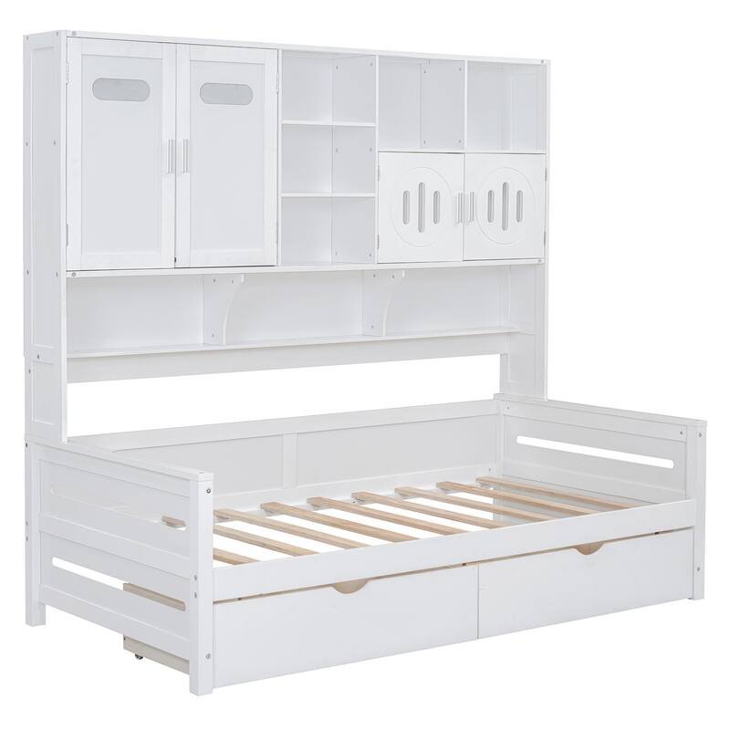 Wooden Daybed with 2 Drawers, All-in-One Cabinet and Shelf for Bedroom