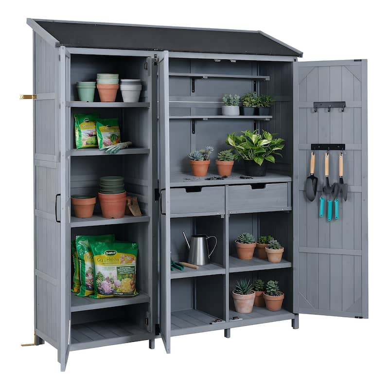 72" Large Patio Garden Shed with Waterproof Roof, Outdoor Storage Cabinet with Workstation & Hooks