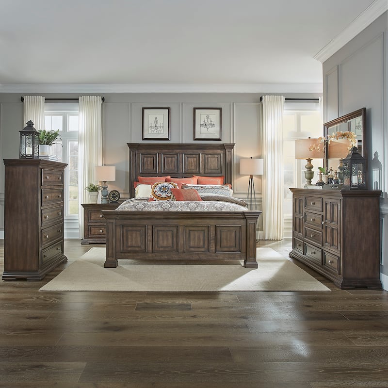 Liberty Furniture Big Valley Panel Bed, Dresser, Mirror, Chest, and Nightstand- California King, King or Queen - Brownstone w/ Heavy Distressing - Queen - 5 Piece