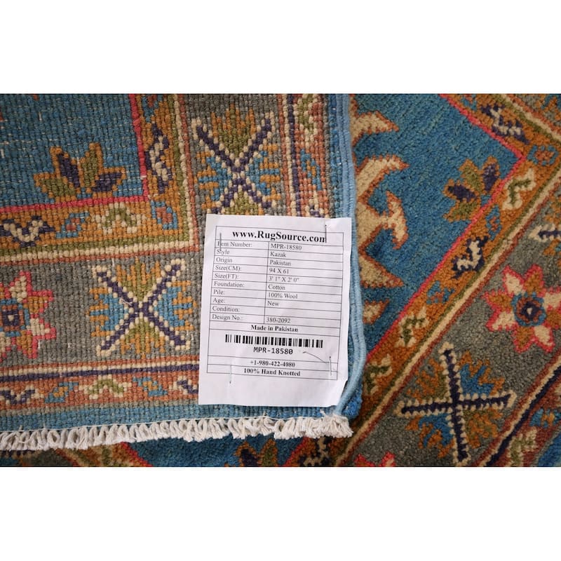 Blue Geometric Kazak Foyer Rug Hand-Knotted Oriental Wool Carpet - 2'0" x 3'1"