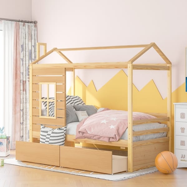 slide 2 of 28, Twin Size House Bed with 2 Drawers for Toddlers Kids Girls Boys, High-Quality Pine Wood Bedframe with Guardrail Natural - Twin