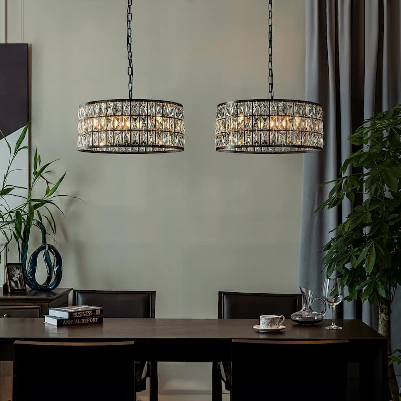 20'' Modern Crystal Chandelier Matte Black Finish 6-Light Round Drum Pendant Light Fixture for Dining Room Kitchen - W20''