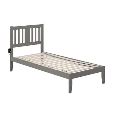 Twin XL Bed with USB Charger - Grey Mission Style Solid Wood Platform Bed Frame & Slat Kit