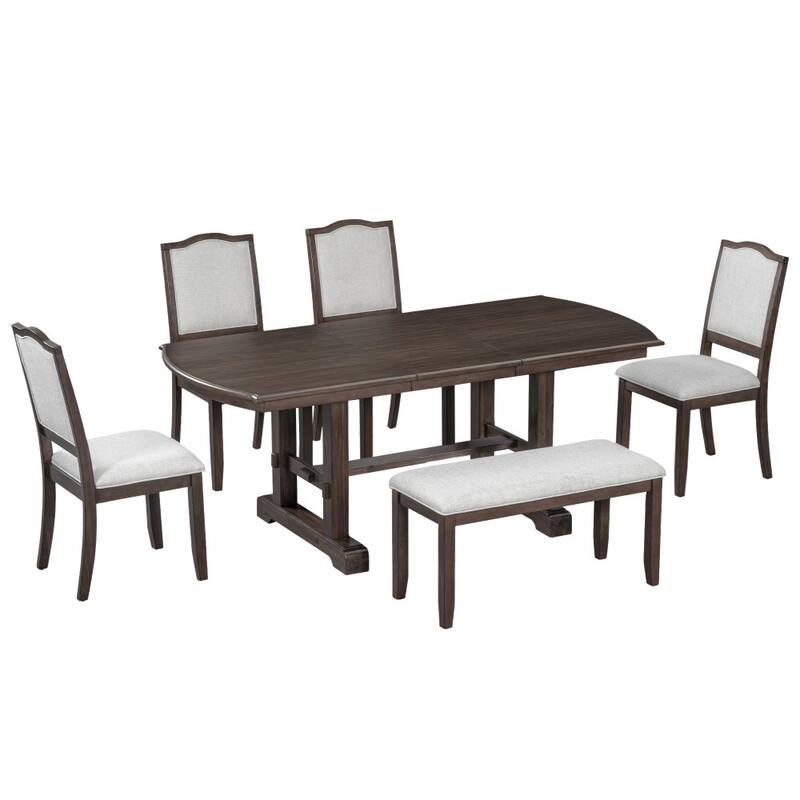 Modern Wooden 6-piece Dining Set with Extendable Removable Leaf Table and Bench