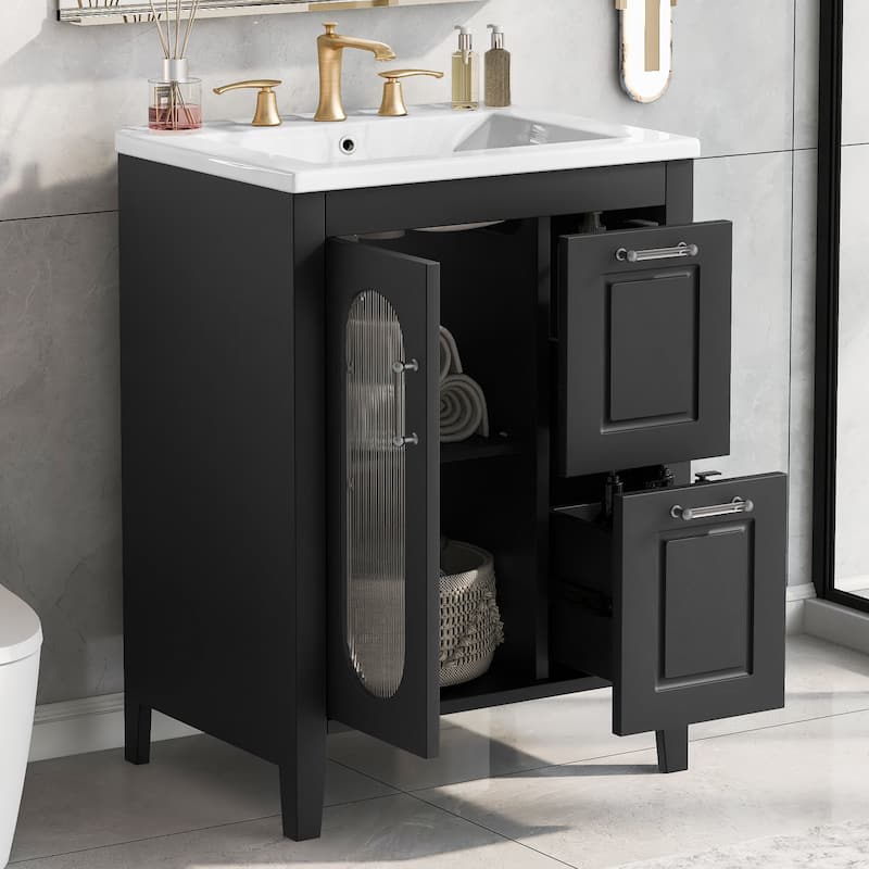 GDFStudio - Emma 24-Inch Bathroom Vanity with Ceramic Sink, Moru Glass Door and Adjustable Storage